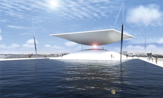 This rendering of the proposed Solar Hourglass project shows it working by channeling sunlight to produce electricity.