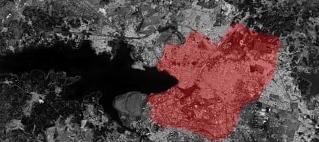 A satellite map of Bhopal, with a large area shaded red to show the extent of the toxic gas cloud