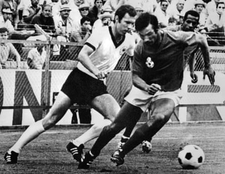 Morocco’s Boujemaa Benkhrif shields the ball from Franz Beckenbauer during their 2-1 loss to West Germany in 1970.