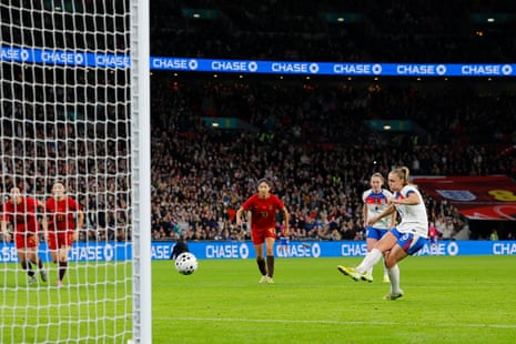 Georgia Stanway scores from the penalty spot for England’s fifth goal, and her second of the evening.