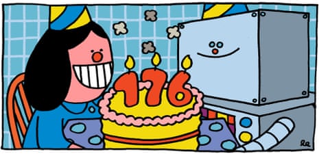 Illustration of a robot handing a woman a birthday cake with the number 176 on it, and three candles
