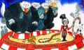 Cartoon of Theresa May in the circus trying to get three fats cats to jump through a hoop
