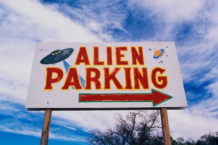 This is a road sign indicating the site in Roswell where many believe a UFO crashed.