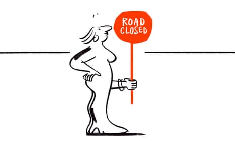 Illustration of woman holding red sign reading Road closed