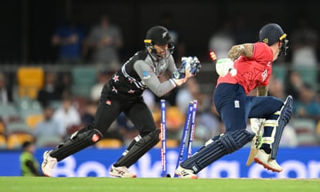 T20 World Cup Super 12s: England v New Zealand – live | T20 World Cup 2022 10 New Zealand’s Devon Conway (left) stumps out England’s Alex Hales.