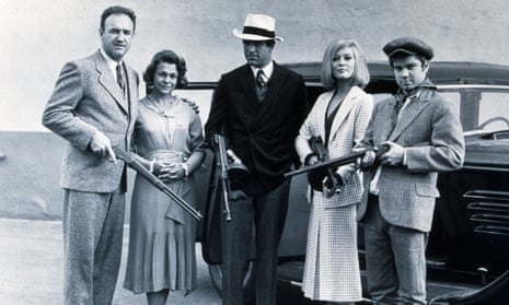 Michael J Pollard, right, in Bonnie and Clyde, with, from left:Gene Hackman, Estelle Parsons, Warren Beatty and Faye Dunaway.