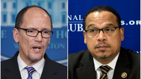 These two file photos show then Labor Secretary Thomas Perez (L) speaking to reporters about the minimum wage for federal contractors at the White House in Washington, DC, on Feburary 12, 2014