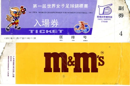 Front (top) and reverse of a ticket for the Fifa Women’s World Championship which was held in China in 1991 and sponsored by Mars confectionery company.