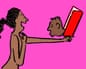 Drawing of a naked woman holding a red book, open at arm's length. Surreally, a man's head emerges from the pages, eyes closed, making to kiss her forearm