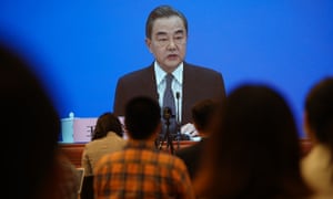 Chinese Foreign Minister Wang Yi, located at the Great Hall Of The People, answers to the questions from the press located at the Media Center, during a video press conference on 24 May 2020 in Beijing, China.