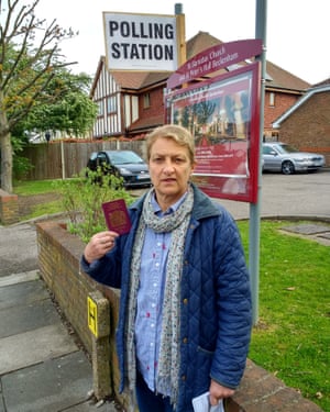 Susan with her passport outside a polling station in Bromley