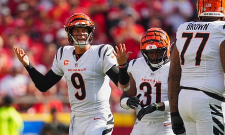 Joe Burrow reacts during the first half against the Chiefs