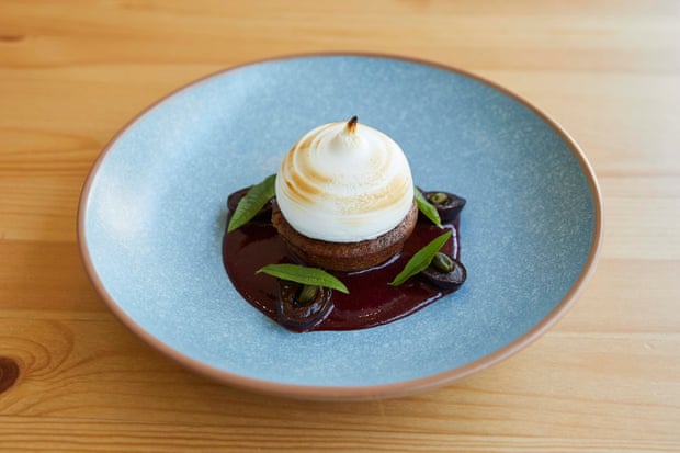 Financier of the seasonality of Cookham cherries, marshmallows and pistachios.