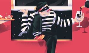 Illustration of burglar being given a glass of wine