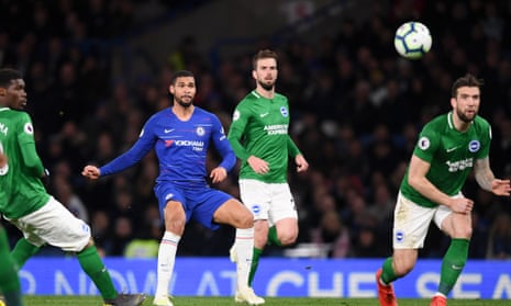 Ruben Loftus-Cheek curls in Chelsea’s third goal in their win against Brighton.