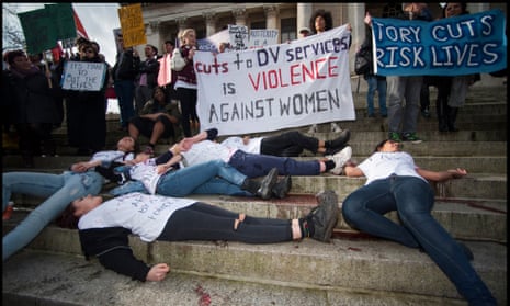 Sisters Uncut protest against cuts to domestic violence services outside Portsmouth’s Guildhall.