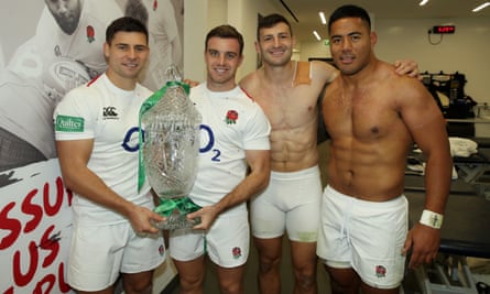 George Ford (second left) lifts the Cook Cup with England team mates Ben Youngs, Jonny May and Manu Tuilagi in November.