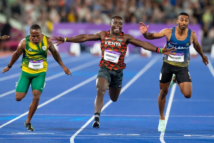 Kenya’s Ferdinand Omanyala wins the men’s 100m final.
