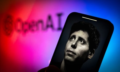Sam Altman on a mobile phone screen with OpenAI logo in the background