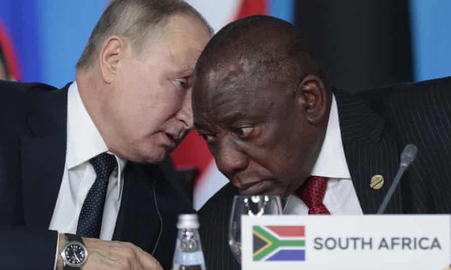 Vladimir Putin speaks to South African president Cyril Ramaphosa during a plenary session at the Russia-Africa summit in 2019.