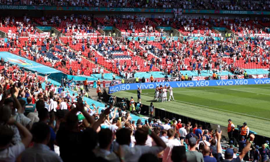 Raheem Sterling and teammates celebrate after England’s winner.