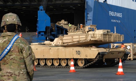 A US tank is unloaded at the German port of Bremerhaven in preparation for military exercises in February 2020
