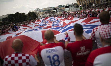 Croatia fans wave a giant banner at the Manezhnaya Square in Moscow before the final.
