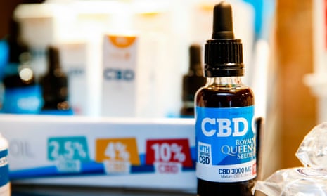 A bottle of oils containing CBD on display in a shop in Paris.