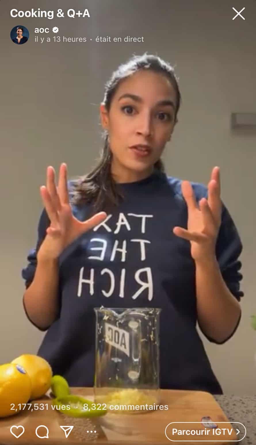 Alexandria Ocasio-Cortez cooks while lecturing her viewers about politics.