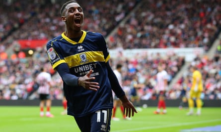 Isiah Jones celebrates scoring Middlesbrough's third goal.