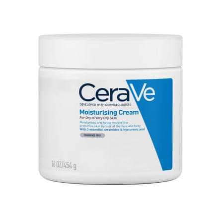 A white and blue tub of CeraVe Moisturising Cream
