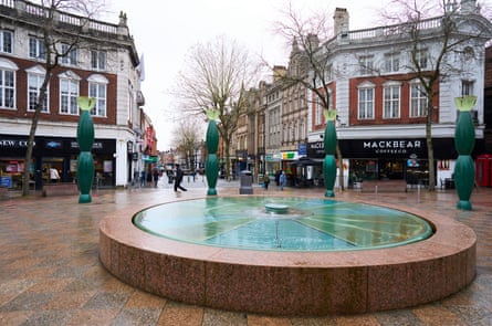 A fountain in a shopping square in Warrington town centre
