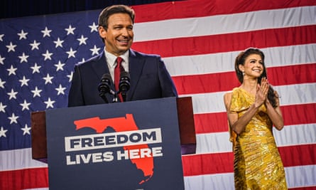 Ron DeSantis and his wife, Casey, at an election night watch party in Tampa, Florida, on 8 November.