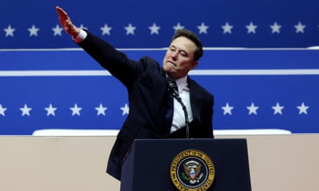 Musk gestures inside Capital One arena on Trump's inauguration day in Washington<br>Elon Musk gestures at the podium inside the Capital One arena on the inauguration day of U.S. President Donald Trump's second term, in Washington, U.S., January 20, 2025. REUTERS/Mike Segar