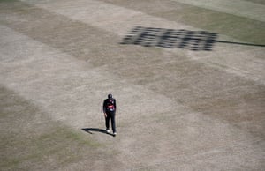 Andrew Umeed of Somerset County Cricket Club  fields on a scorched out field during the Royal London Cup game between Leicestershire Foxes and Somerset at Uptonsteel County Ground in Leicester
