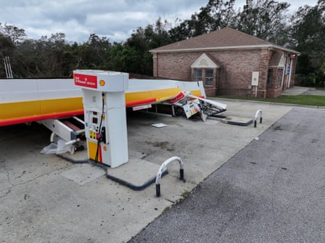 A drone view shows the fallen roof of a Shell gas station in the aftermath of Hurricane Isaias in Gulf Breeze, Florida, US, 10 October, 2026.