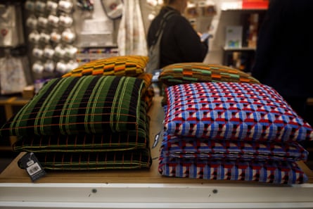 Cushions with different moquette patterns on sale at London Transport Museum.