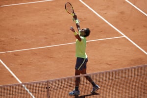 Rafael Nadal celebrates after beating Roger Federer 6-3, 6-4, 6-2.