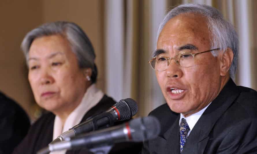 Tempa Tsering, right, the chief representative of the Dalai Lama in Delhi, speaks to the media alongside his wife, the Dalai Lama’s sister Jetsun Pema