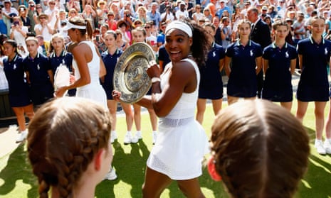 Serena Williams celebrates winning her sixth Wimbledon title in 2015