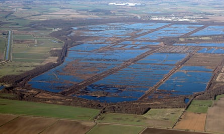 Aerial view of the Hatfield Moors, with water sectioned off into squares and rectangles