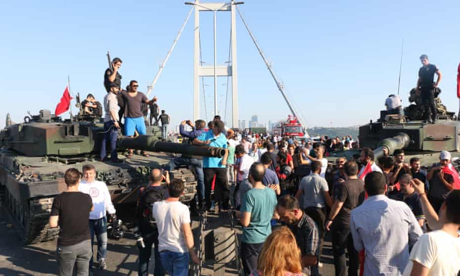 Turkish demonstrators on the Bosphorus Bridge, where the attempted coup began.
