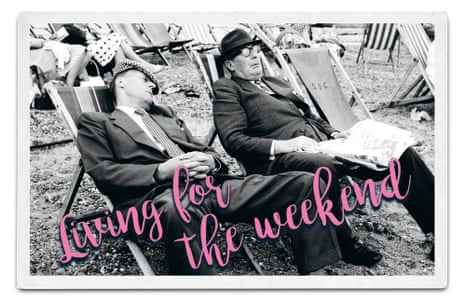 Two men in suits and hats doze in deckchairs on a beach, one holding a newspaper with the line Living for the Weekend superimposed over the black and white image.