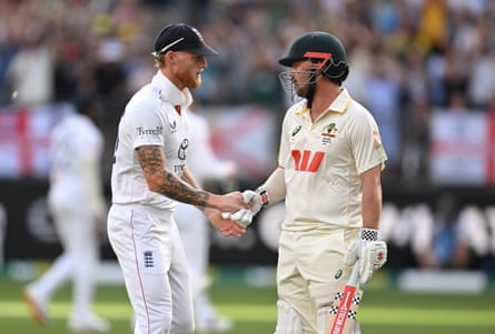 Ben Stokes congratulates Travis Head after the Australia batter’s 123 runs had all but win the first Test.