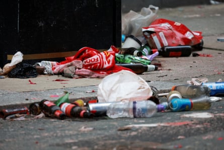 A Liverpool football club scarf lies on the ground in the aftermath of the incident in the city centre