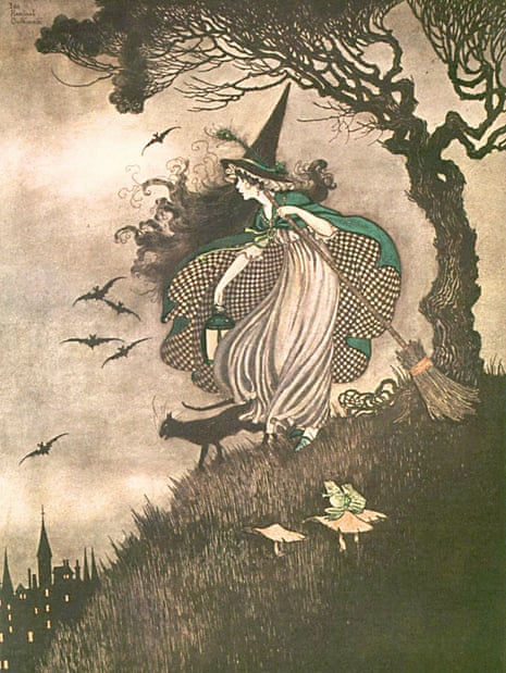Illustration showing a witch with a broomstick, black cat and bats flying