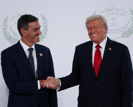 US president Donald Trump and Spanish prime minister Pedro Sánchez shake hands as they pose for a photo, at a world leaders’ summit on ending the Gaza war, in Sharm el-Sheikh, Egypt in October last year.