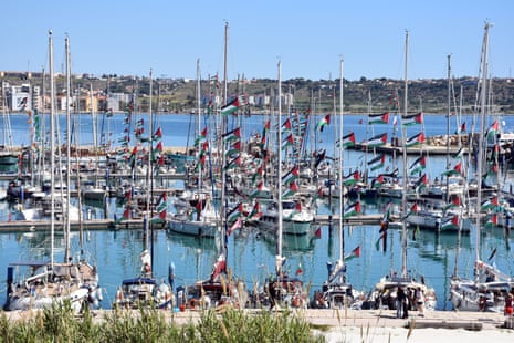Global Sumud flotilla boats depart from the marina in Augusta, Sicily on 26 April.