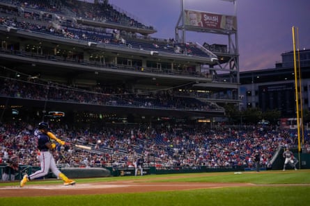 Ronald Acuna Jr hits a solo home run during the first inning of a Friday’s game against the Washington Nationals at Nationals Park.