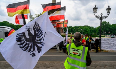 A far-right protest against coronavirus lockdown measures in Berlin, 23 May. 